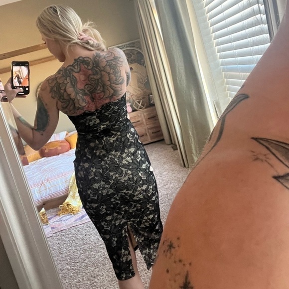 NBD/ Revolve/ Black and Nude Lace Strappless Bodycon Dress - Picture 8 of 9